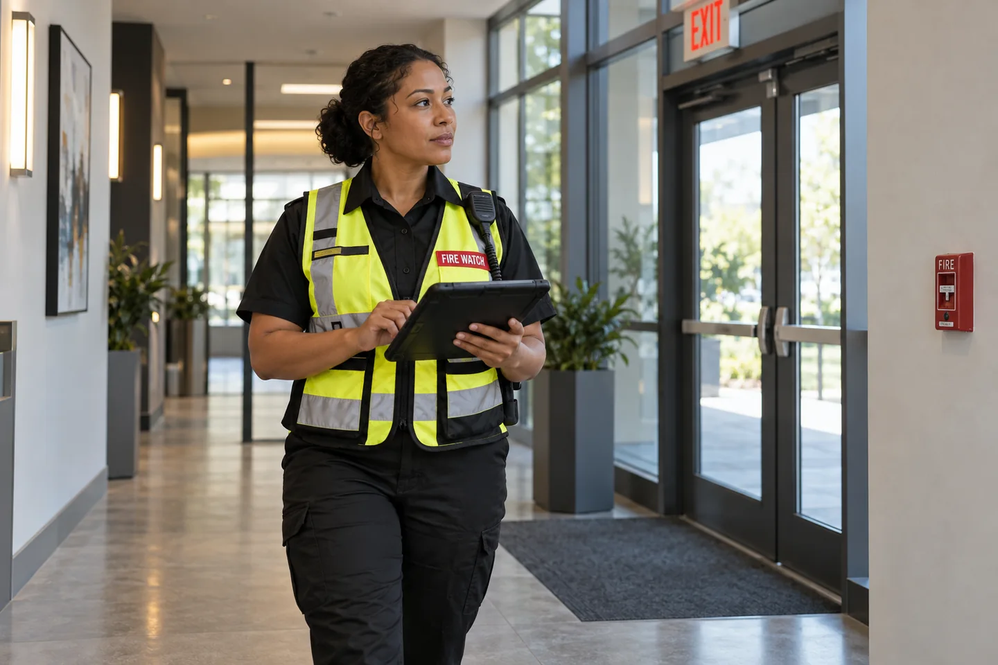 A woman documenting a commercial fire watch patrol