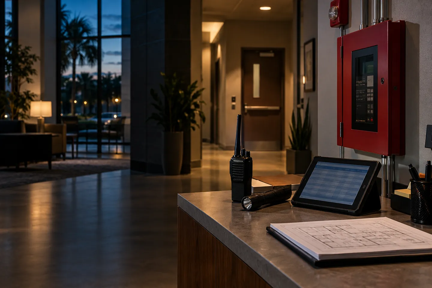Radio, flashlight, site plans and reporting equipment beside a fire alarm panel