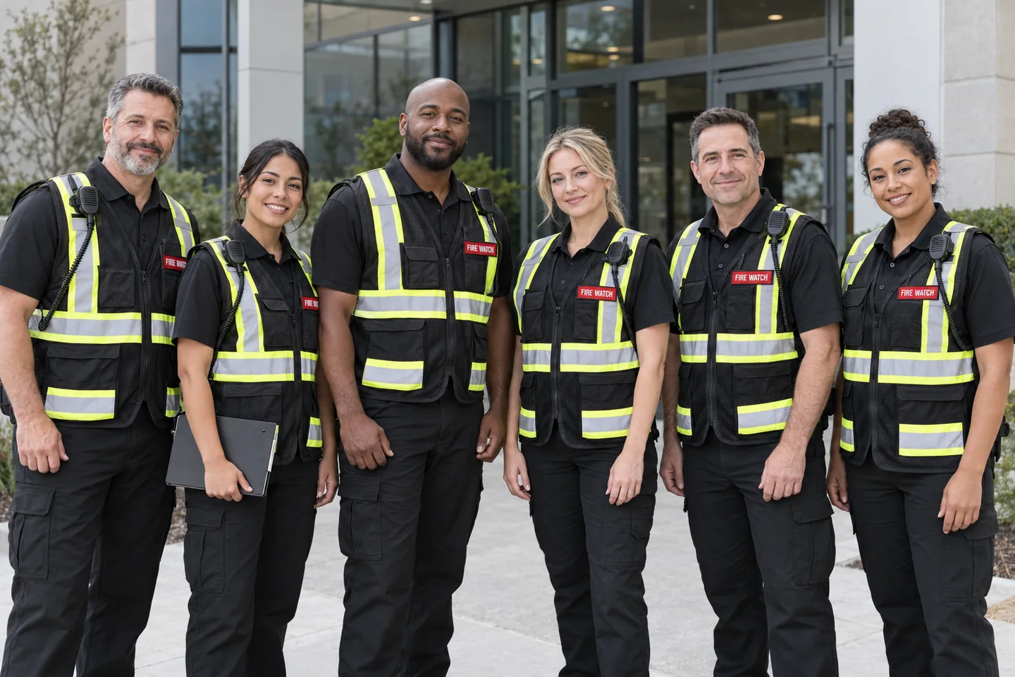 Fire watch personnel in coordinated uniforms