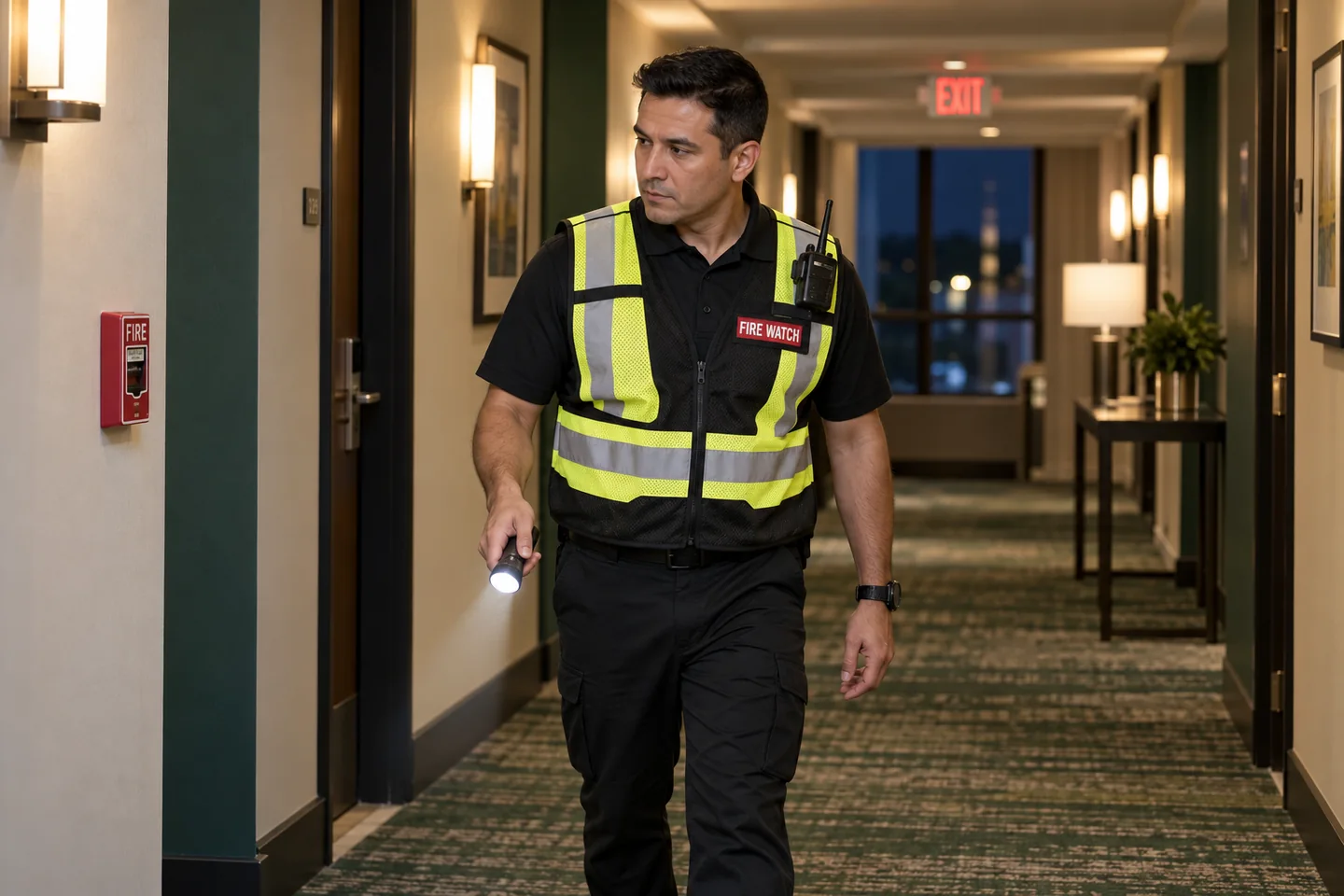 A man on fire watch patrol in a hotel corridor