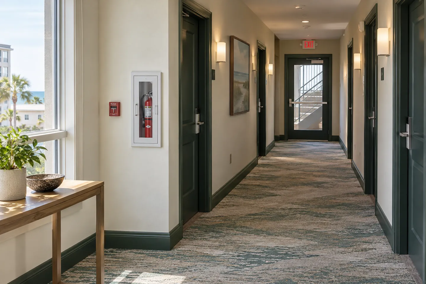 A coastal hotel corridor with clear access to a stairwell and fire safety equipment