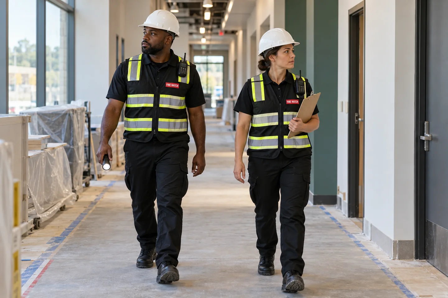 Two fire watch personnel at a renovation site