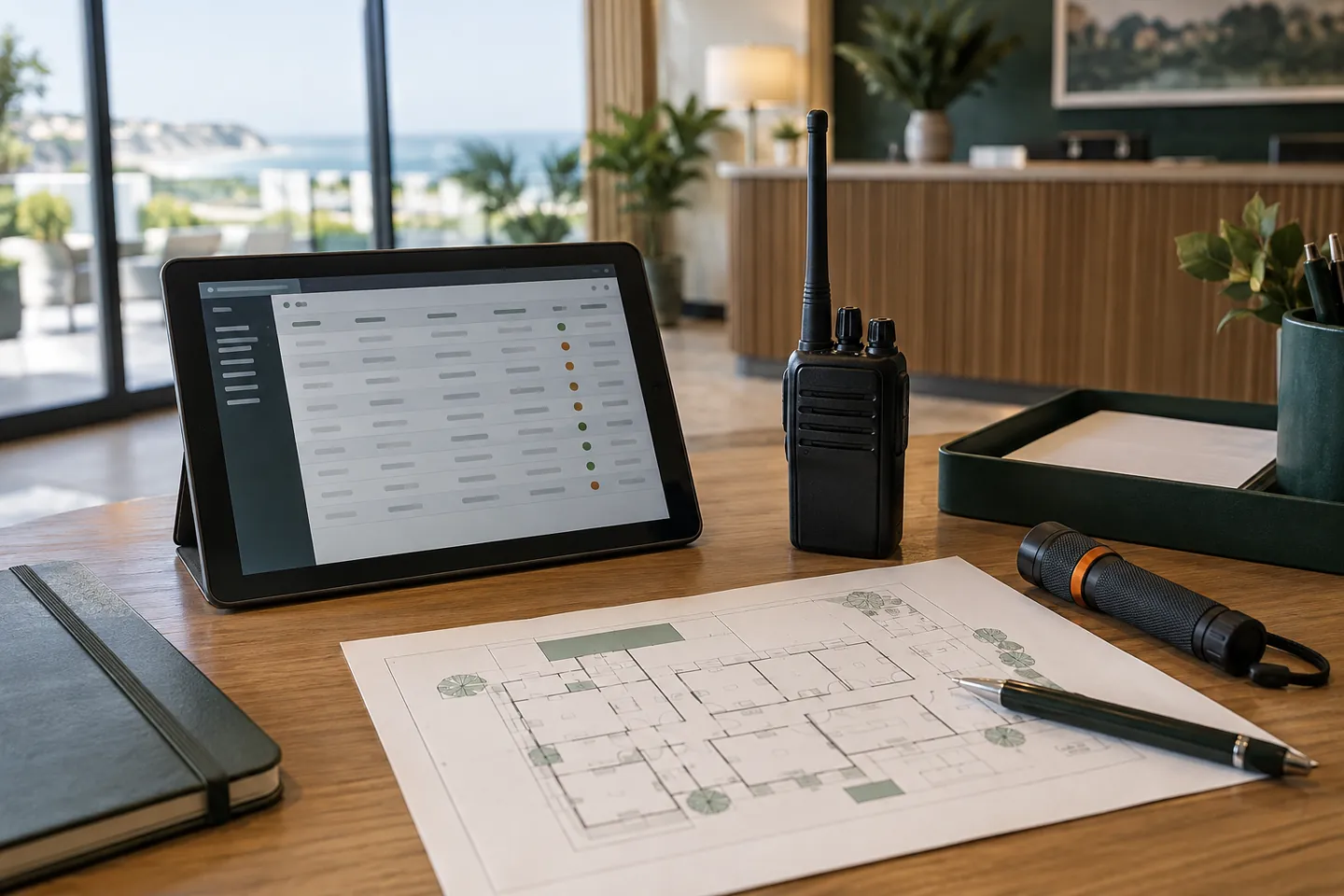 A tablet, radio, and floor plan for patrol communication and records