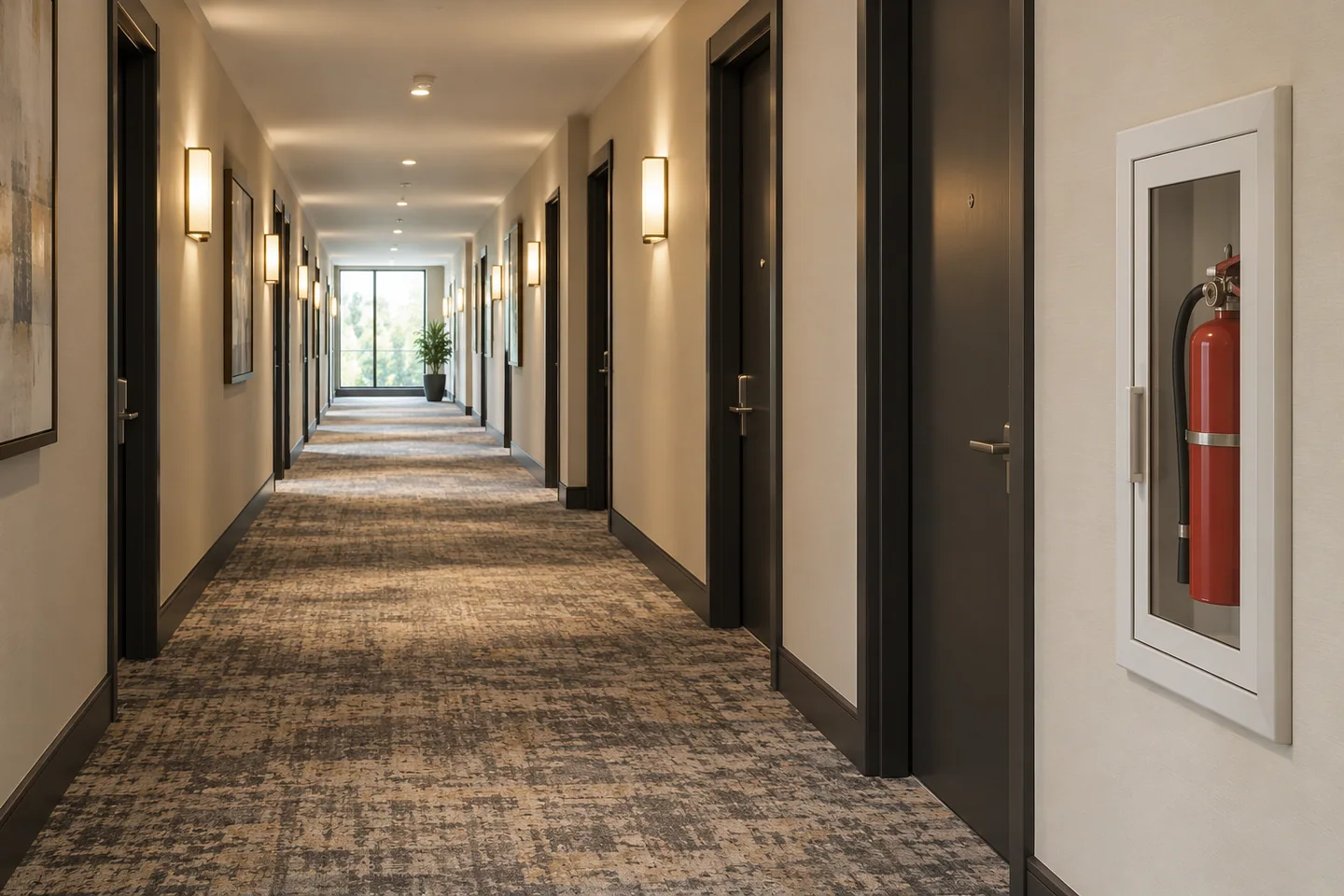 A clear interior corridor with fire safety equipment