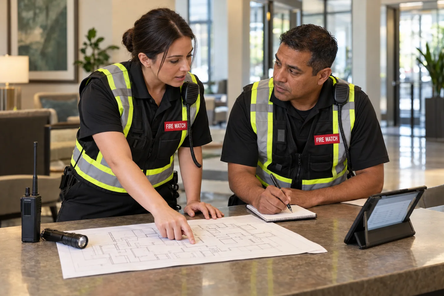Two firewatchers reviewing a site plan
