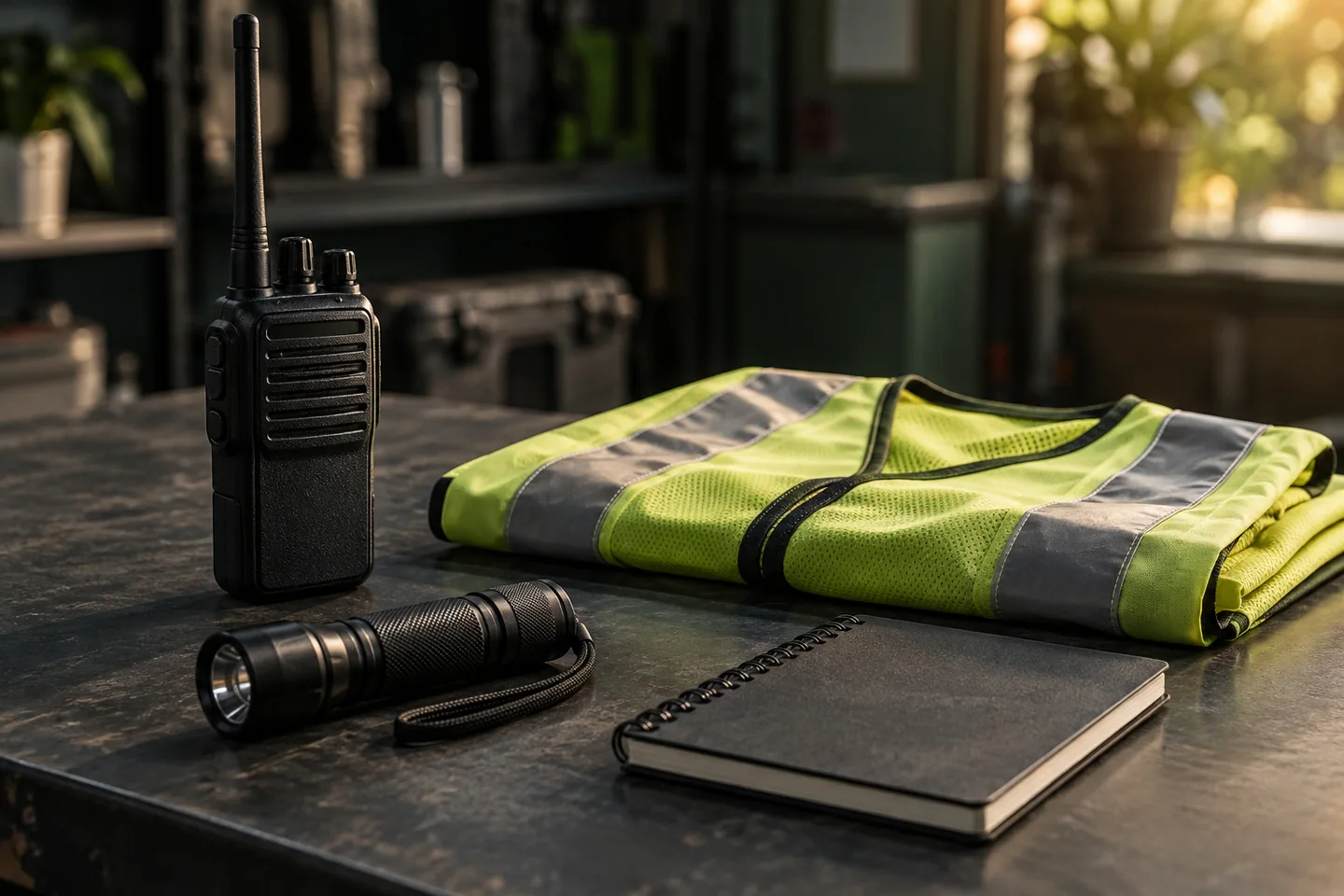 A radio, flashlight, and high-visibility vest prepared for monitoring duties