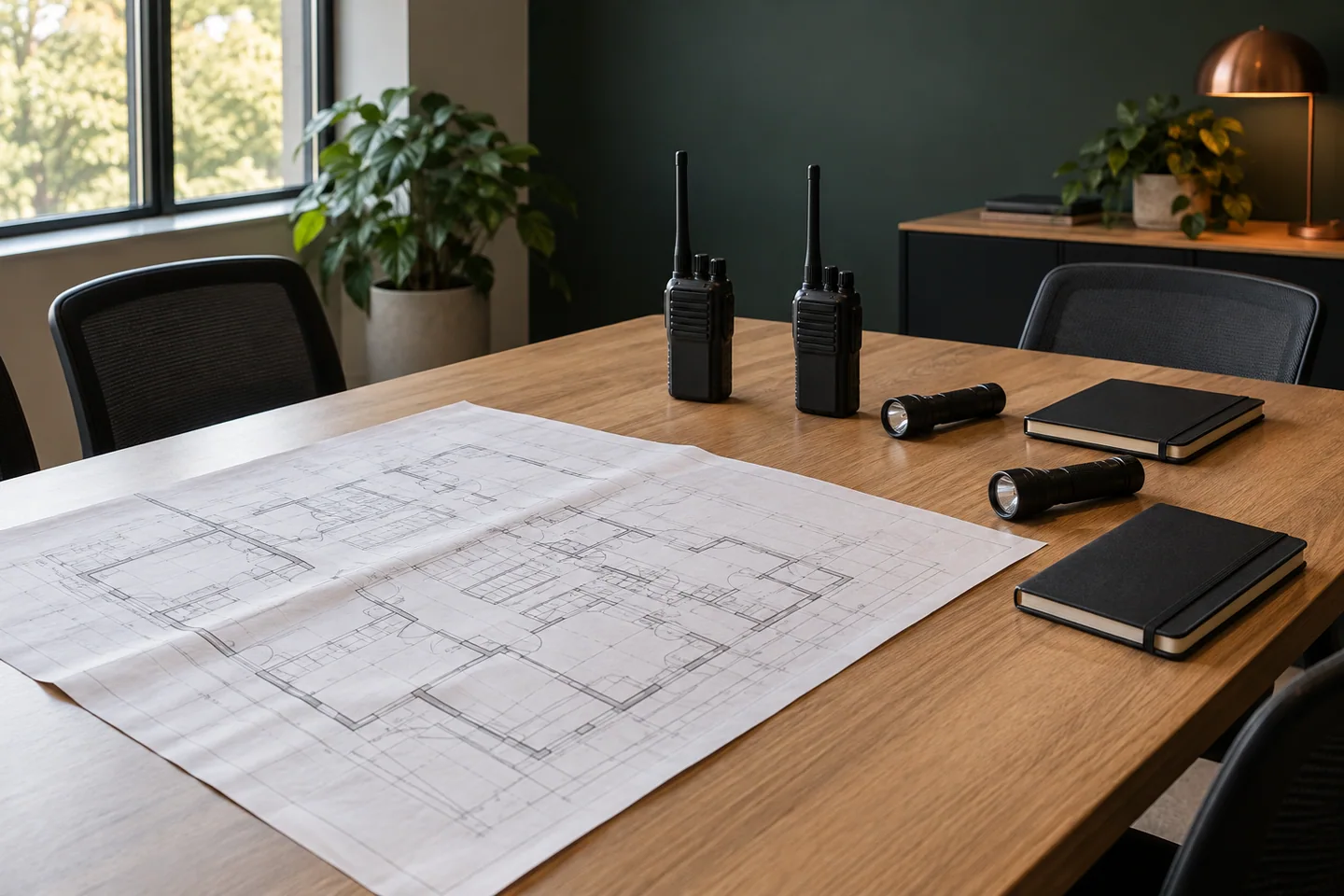 Floor plans and communication equipment prepared for a site briefing